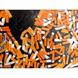 Detalle del cuadro pintado al óleo titulado "Collage con colillas"