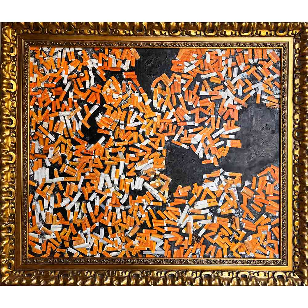 Cuadro pintado al óleo titulado "Collage con colillas"