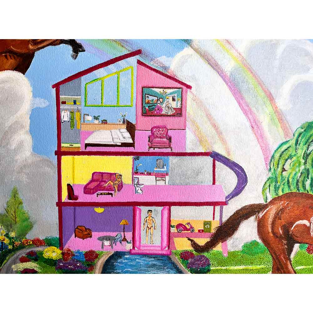 Detalle del cuadro pintado en acrílico titulado "La casa de muñecas"