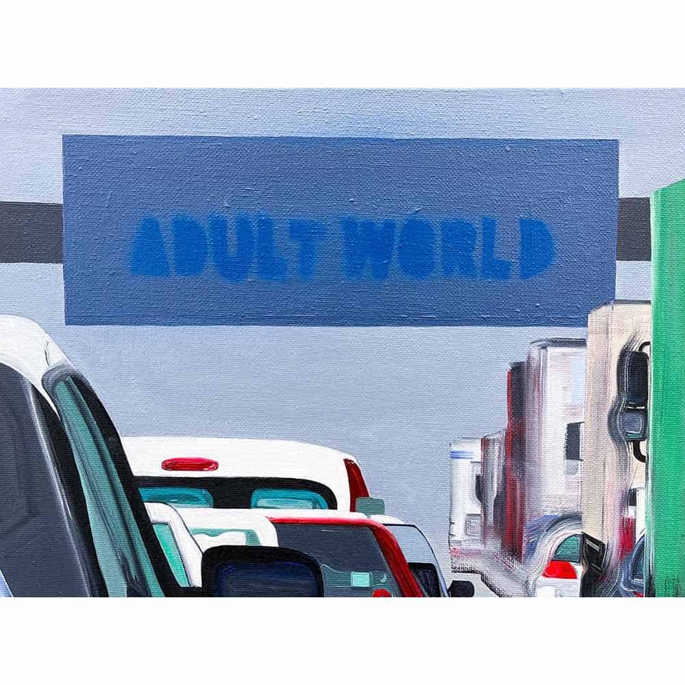Detalle del cuadro pintado al óleo titulado "Adult World"