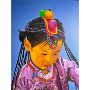 Devi, niña tibetana pintada en un cuadro al óleo.