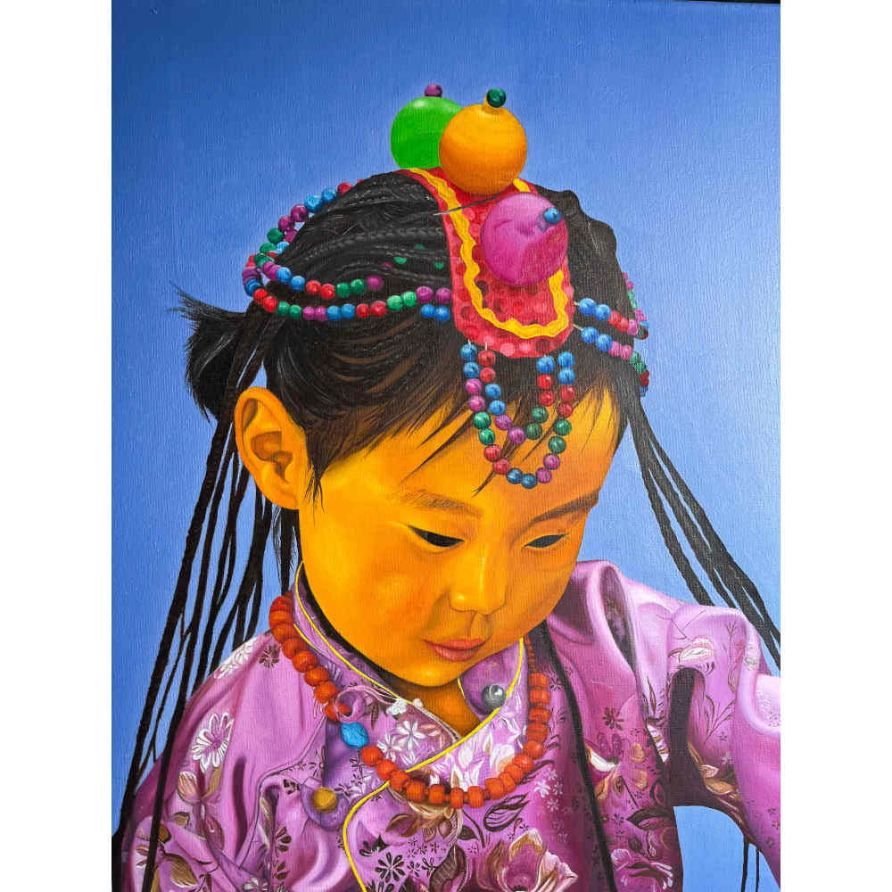 Devi, niña tibetana pintada en un cuadro al óleo.