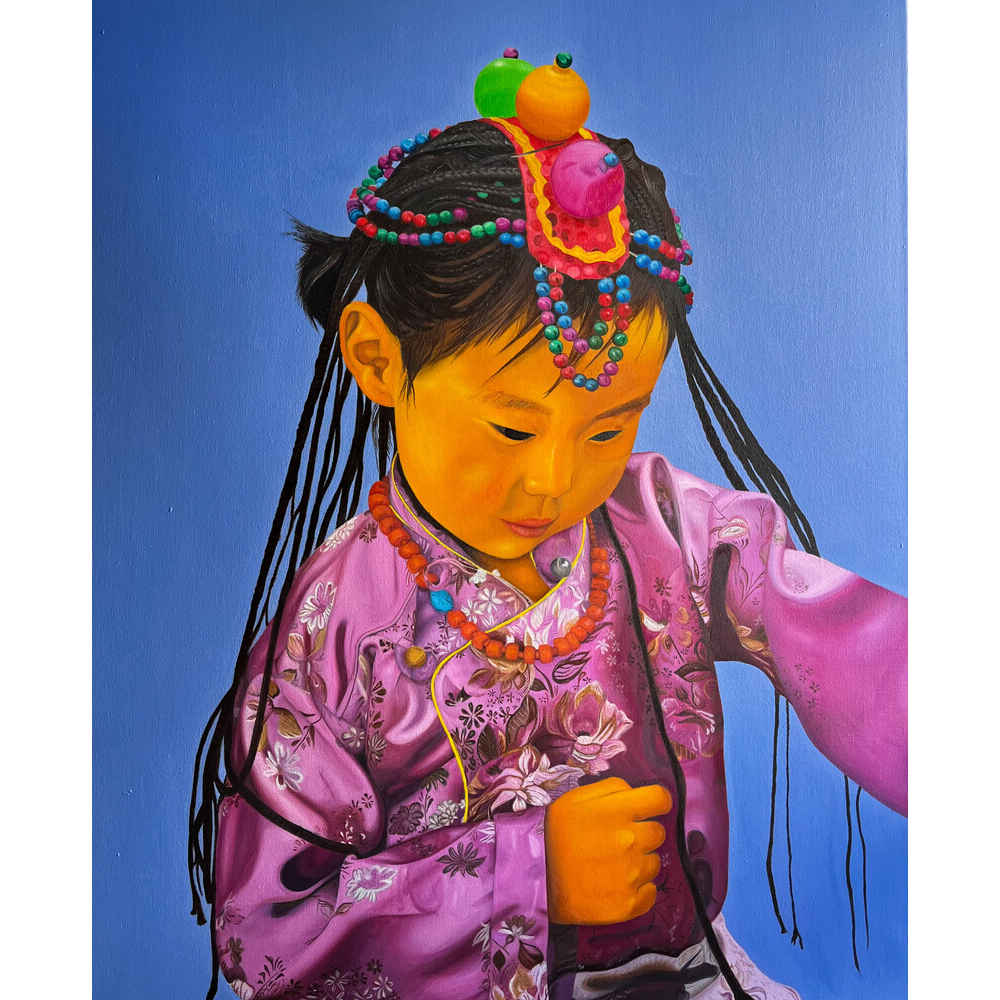 Segundo detalle de Devi, niña tibetana pintada en un cuadro al óleo.